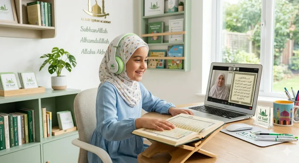 Female Quran tutor teaching child online with friendly and supportive learning approach