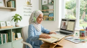 Female Quran tutor teaching child online with friendly and supportive learning approach