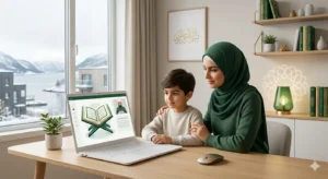Muslim family in Norway learning the Quran online at home using a laptop, with a calm Scandinavian interior and subtle Islamic design elements.