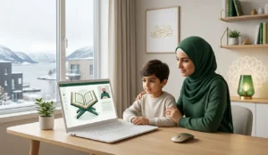 Muslim family in Norway learning the Quran online at home using a laptop, with a calm Scandinavian interior and subtle Islamic design elements.