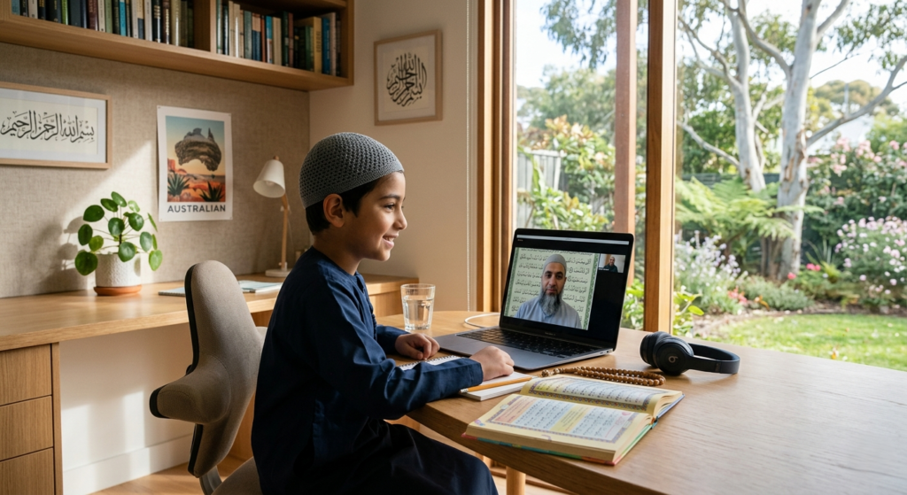 Young Muslim boy attending an online Quran class from home while studying Quran with a teacher on laptop.