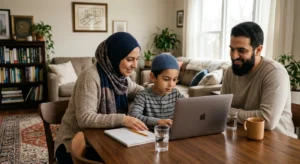 Muslim parents helping their son attend an online Quran learning class on a laptop at home in a warm family setting.