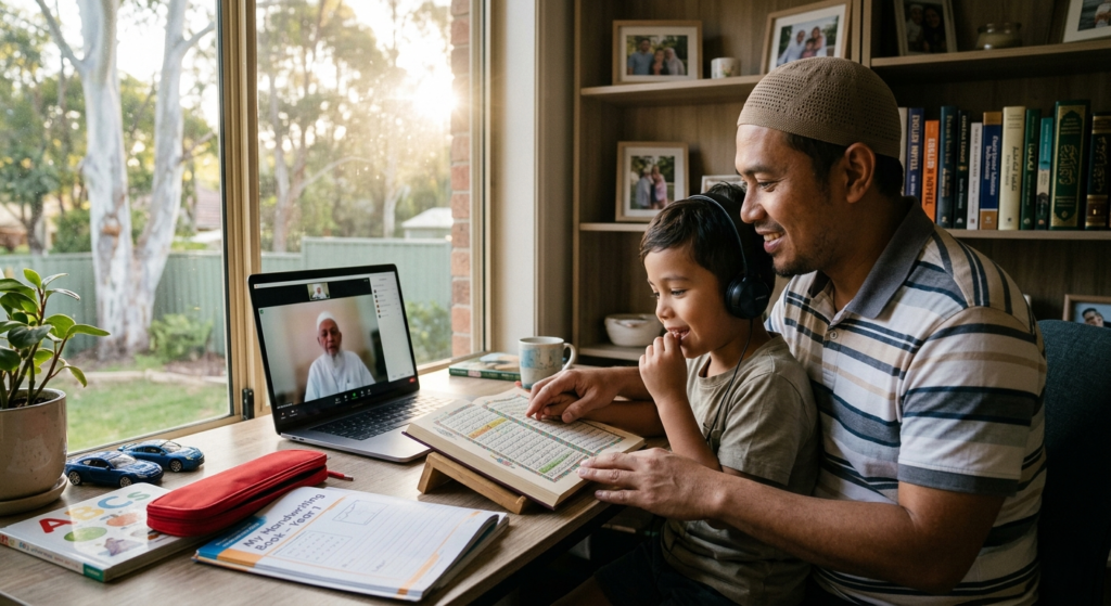 Father helping his child during an online Quran learning session at home with a Quran teacher on video call.