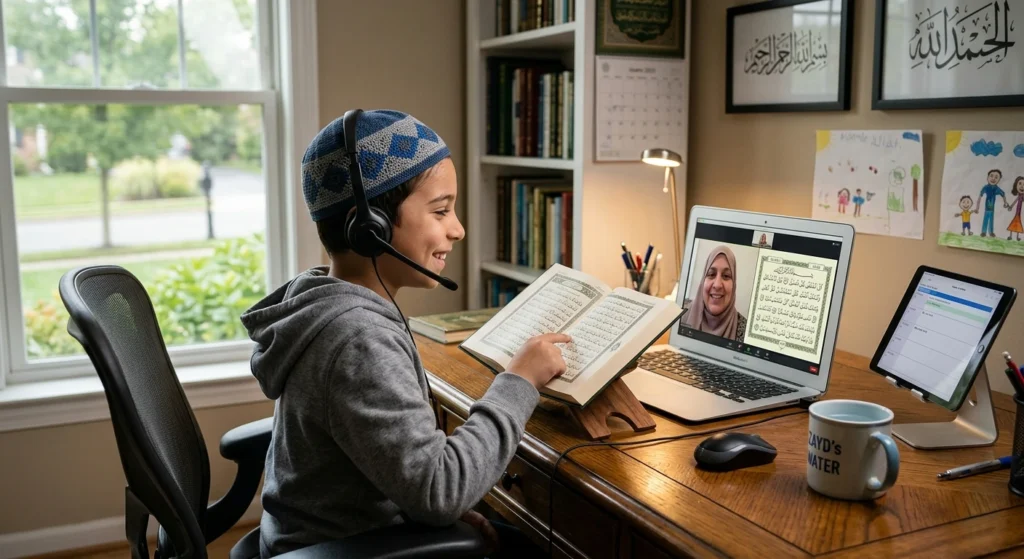 Young Muslim boy studying the Quran online with a teacher through a virtual Islamic class at home.