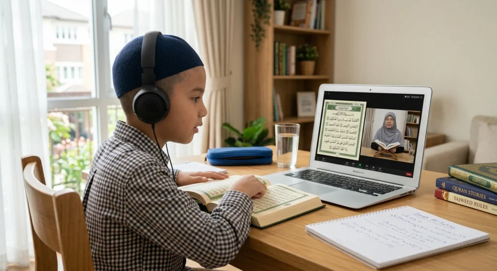Young Muslim boy attending an online Quran class with headphones while reading Quran lessons on a laptop at home.