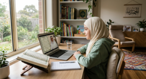 Young Muslim girl attending an online Quran class from home while reading the Holy Quran on a study desk.