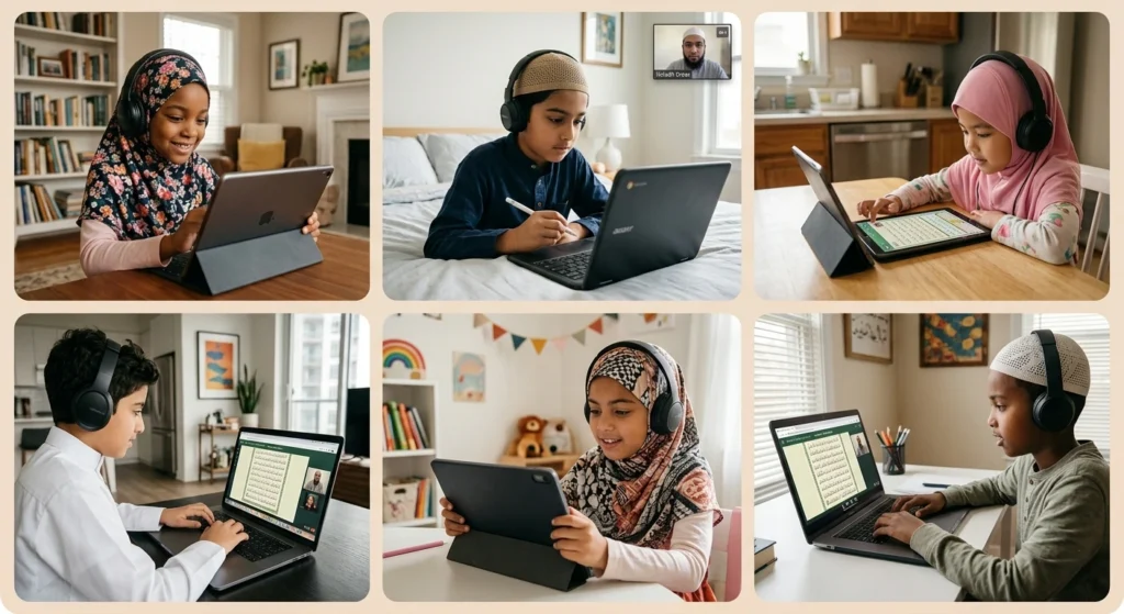 Muslim children using laptops and tablets to join interactive online Quran classes for kids from home.
