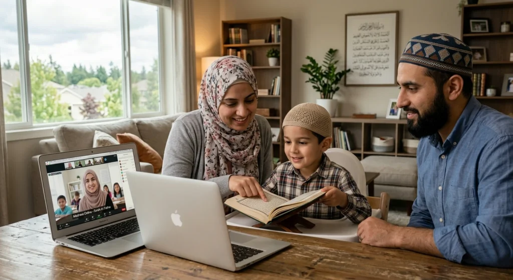 Muslim family attending an online Quran learning session together at home with a child reading the Quran on a laptop
