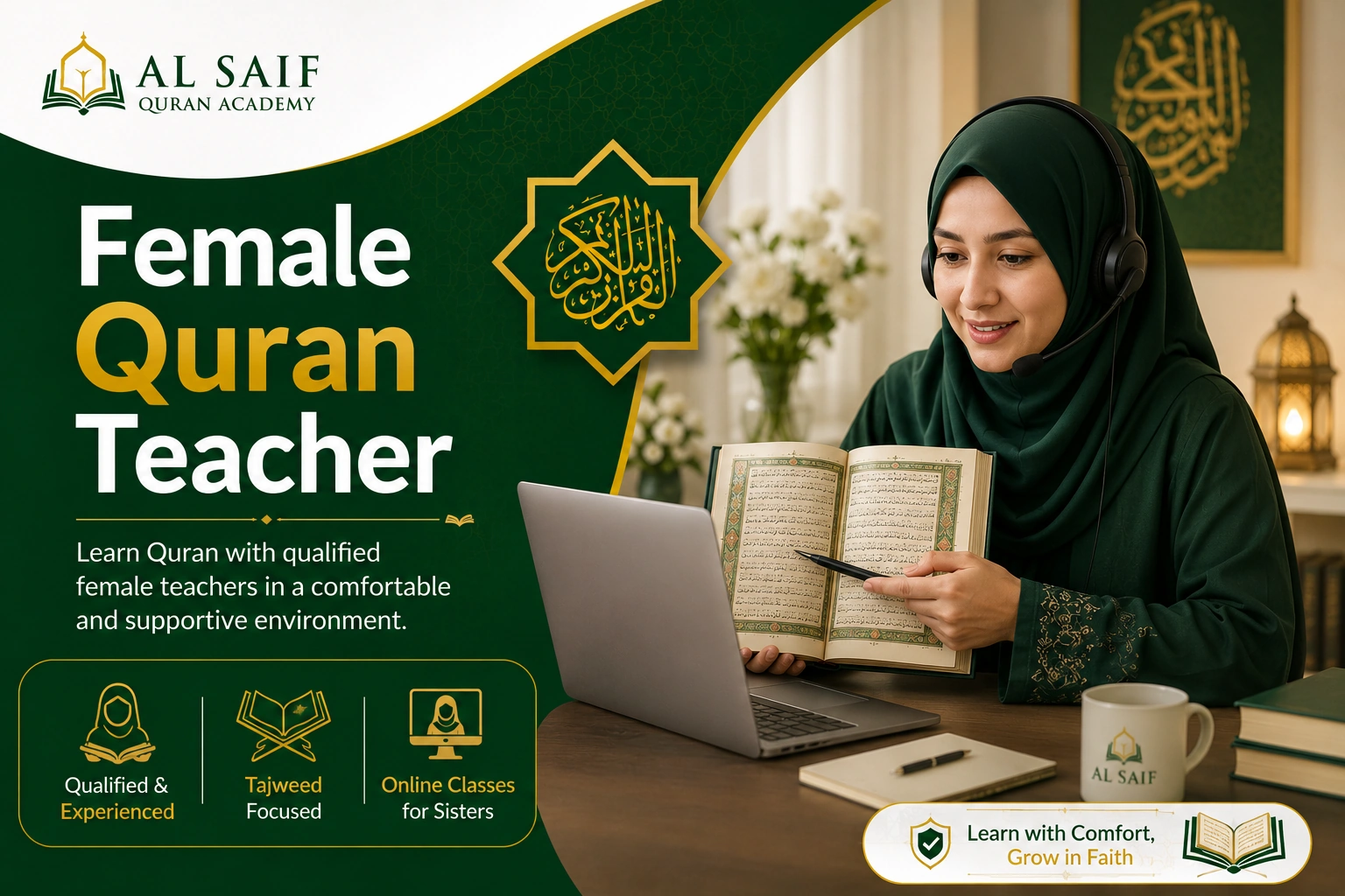 Qualified female Quran teacher conducting an online Quran lesson with Tajweed instruction through a live virtual class at Al Saif Quran Academy.