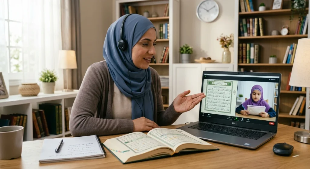 Female Quran teacher conducting a one-on-one online Quran class with a young student using video conferencing.
