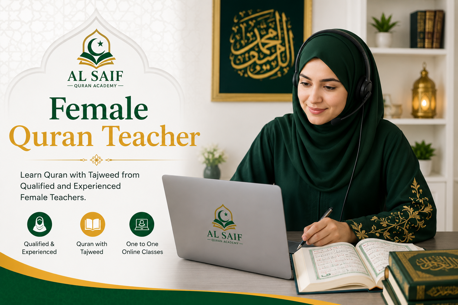 Qualified female Quran teacher conducting an online Quran class with Tajweed instruction using a laptop and Quran at Al Saif Quran Academy.