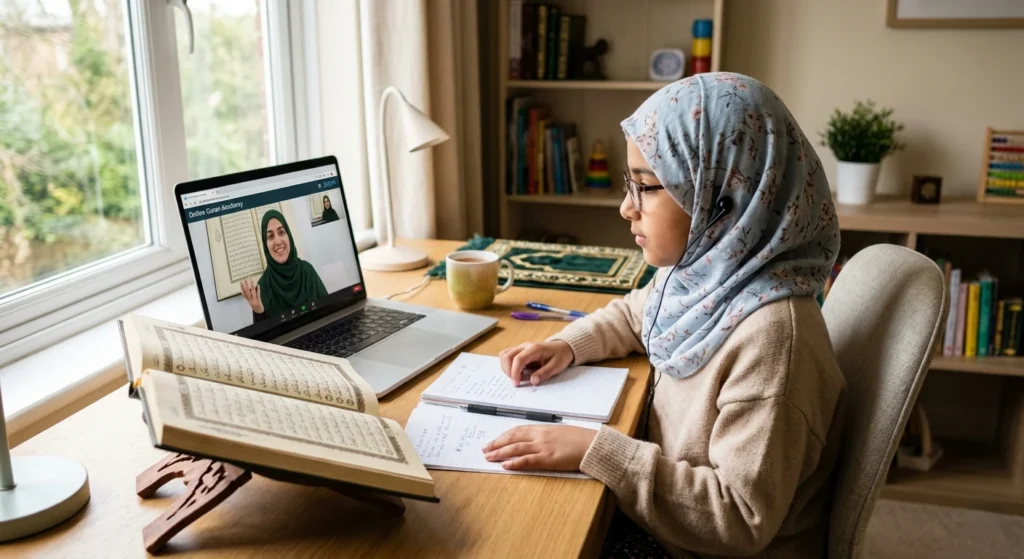 Young Muslim girl studying Quran online with a female teacher during a live virtual Quran lesson.