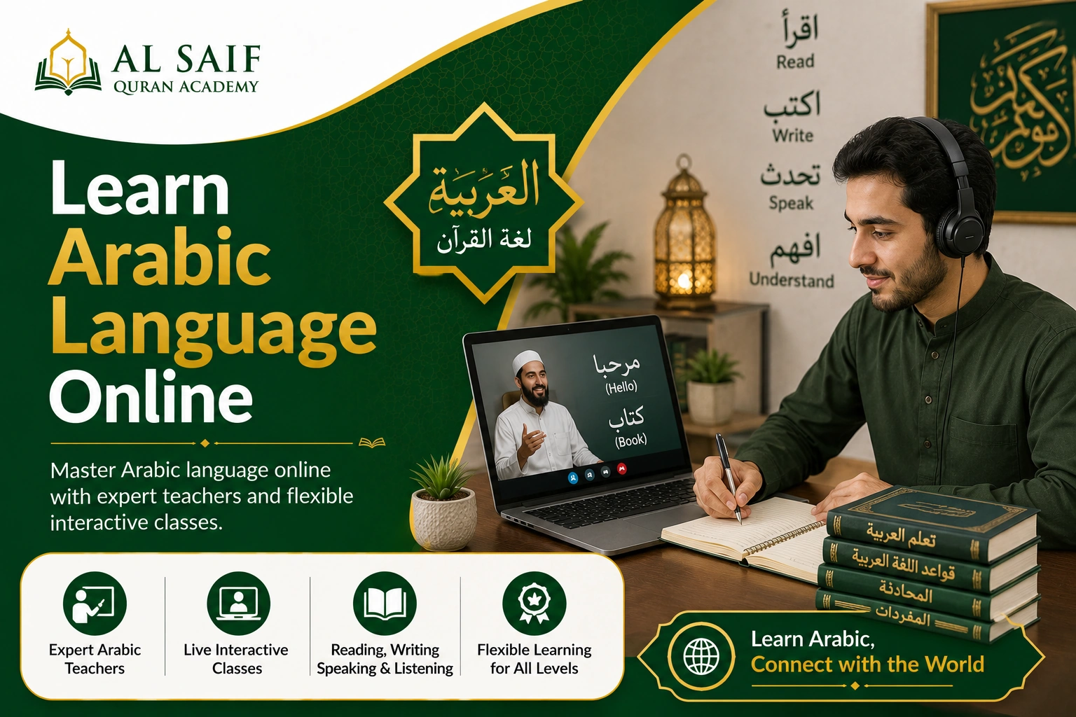 Student learning Arabic language online with an expert teacher through live interactive classes, practicing reading, writing, speaking, and listening skills.