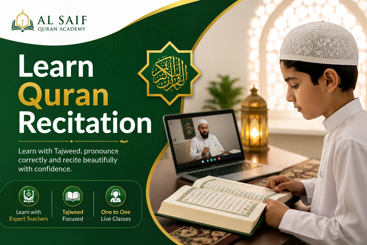 Young student learning Quran recitation online with a qualified teacher through live video classes while reading the Quran and practicing Tajweed.