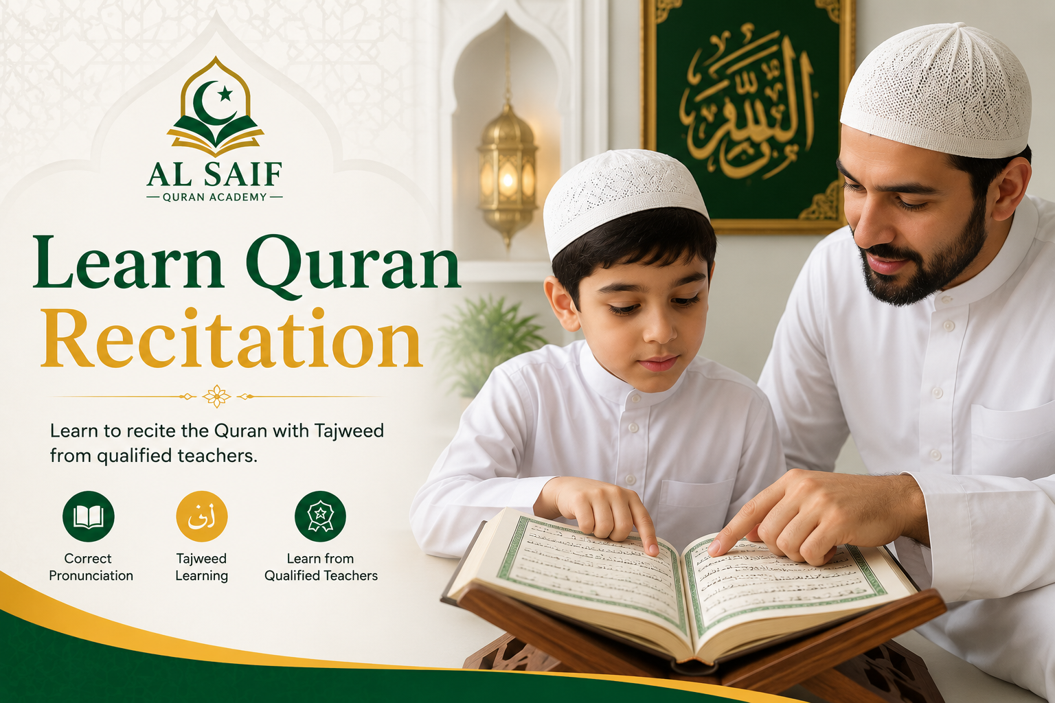 Young Muslim student learning Quran recitation with Tajweed from a qualified teacher while reading the Quran at Al Saif Quran Academy.