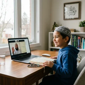 Child attending online Quran classes in Canada with a live Quran teacher on a laptop.