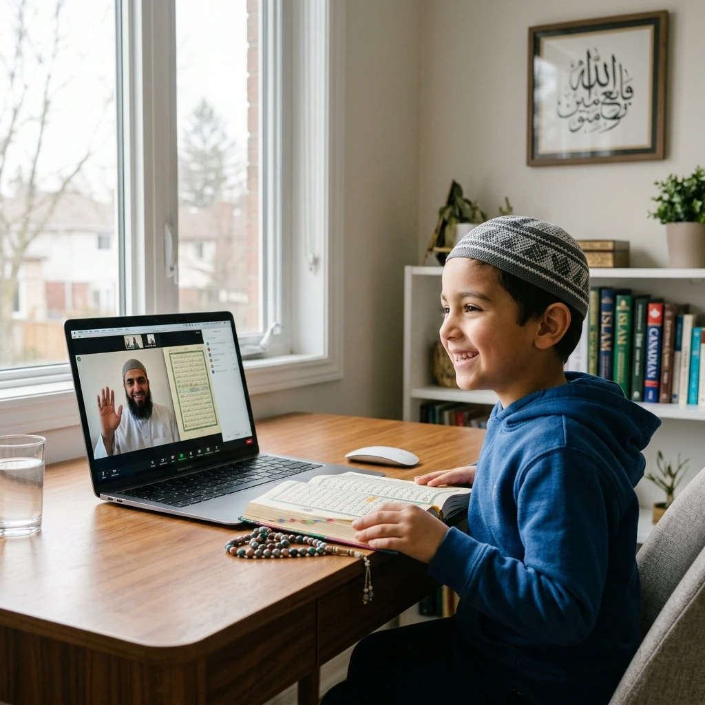 Child attending online Quran classes in Canada with a live Quran teacher on a laptop.