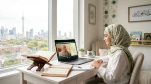 Muslim girl attending an online Quran class from home in Toronto with a female teacher on a laptop screen
