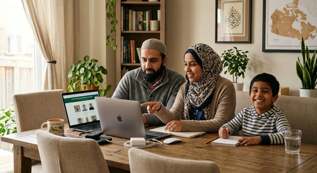 Muslim family attending online Quran classes together from home in Canada using a laptop.