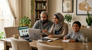 Muslim family attending online Quran classes together from home in Canada using a laptop.