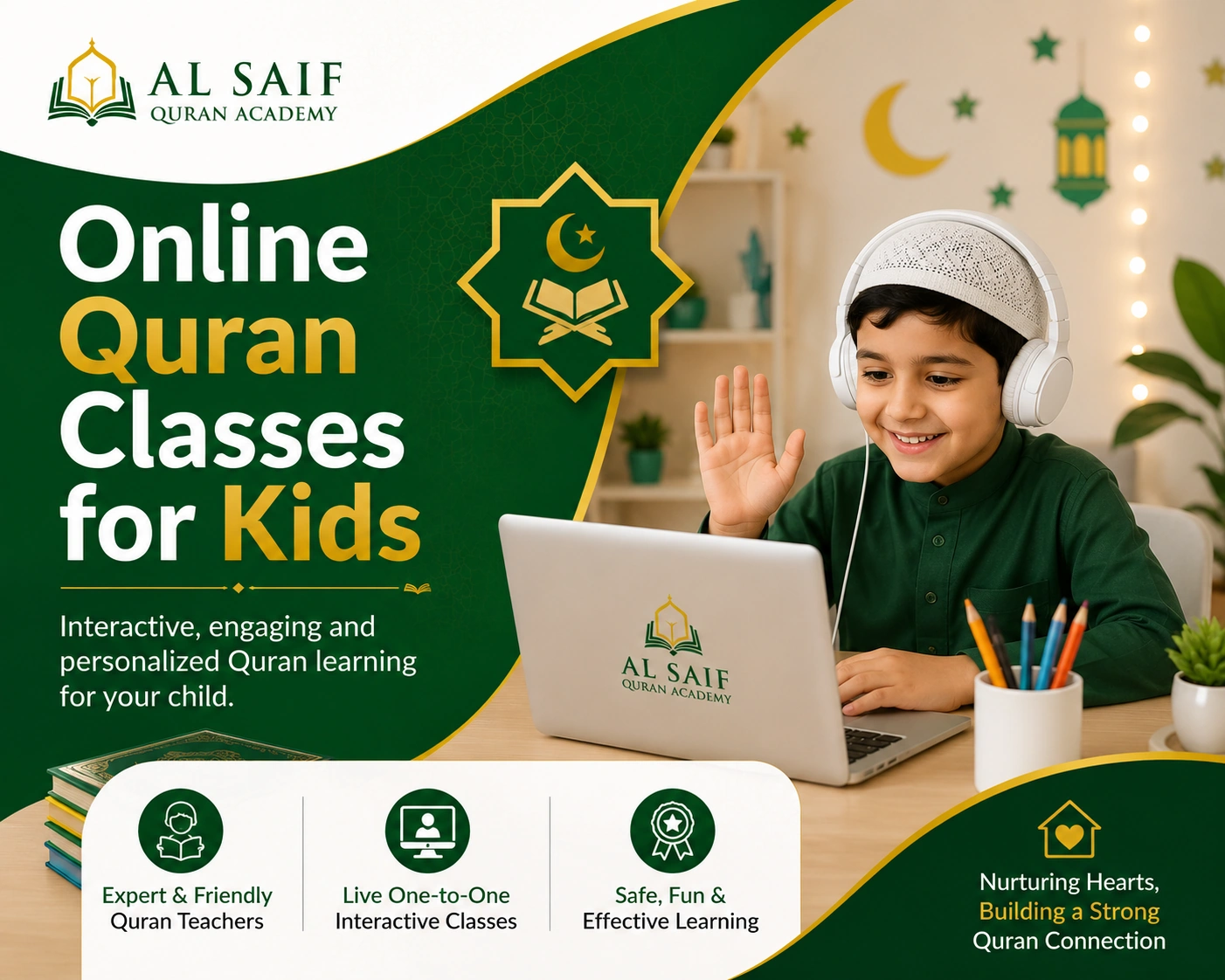 Young child attending online Quran classes through Al Saif Quran Academy using a laptop, engaging in interactive Quran learning with expert teachers.