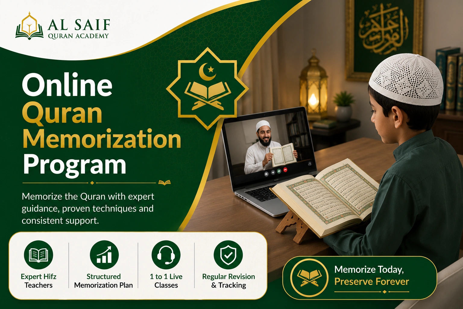 Young student attending an online Quran memorization class with a Hifz teacher, reading the Quran and following a structured memorization program.