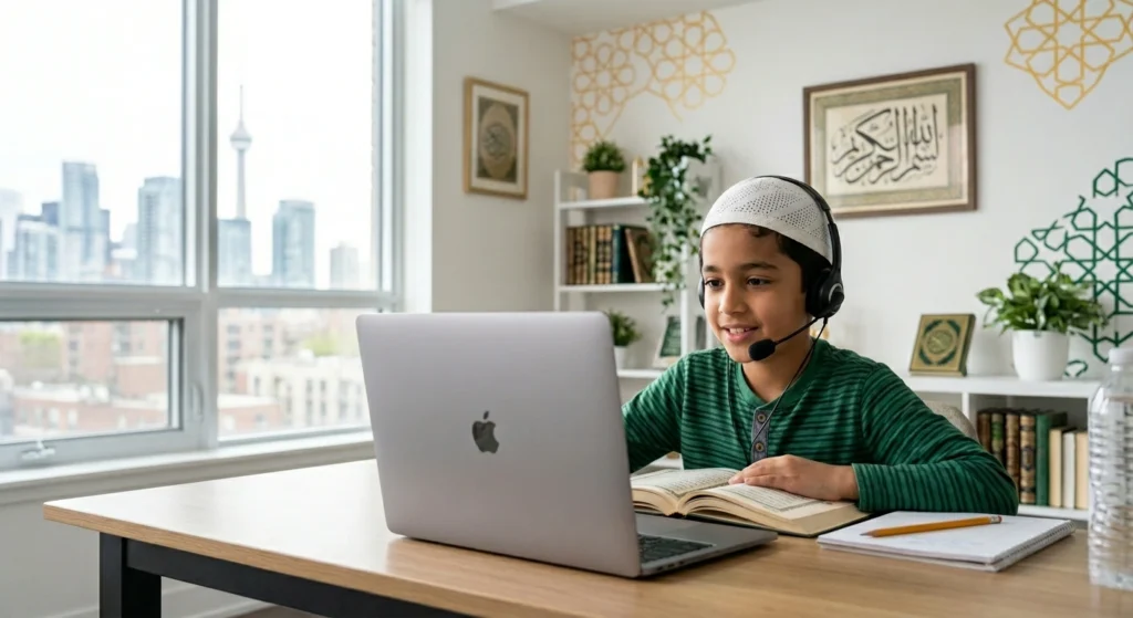 Child learning Quran online through his laptop in a peaceful environment