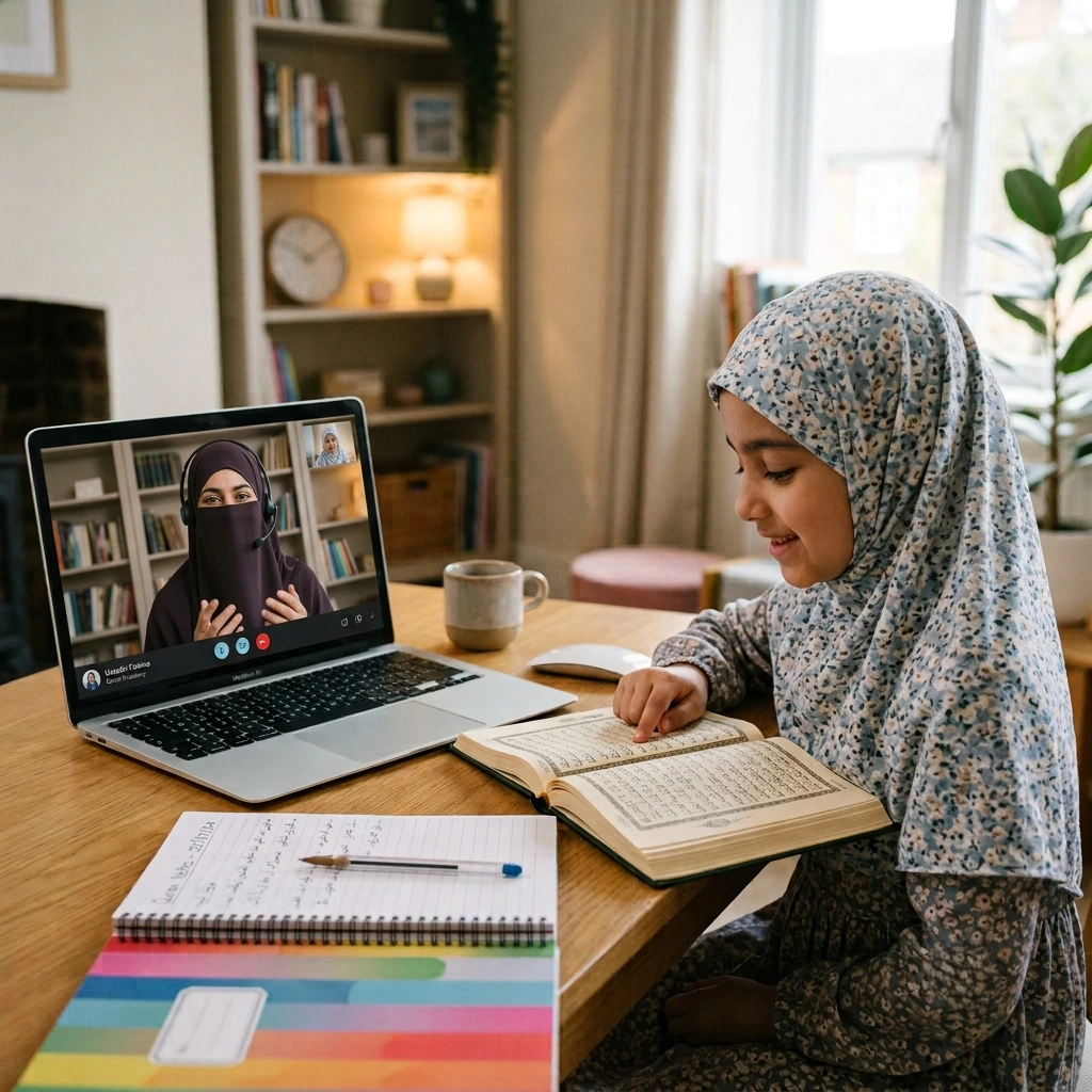 Young girl learning Quran online with a female Quran teacher during a live virtual class.