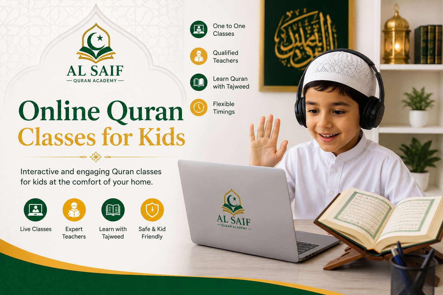 Young Muslim child attending an online Quran class using a laptop and headset while learning Quran recitation with Tajweed at Al Saif Quran Academy.