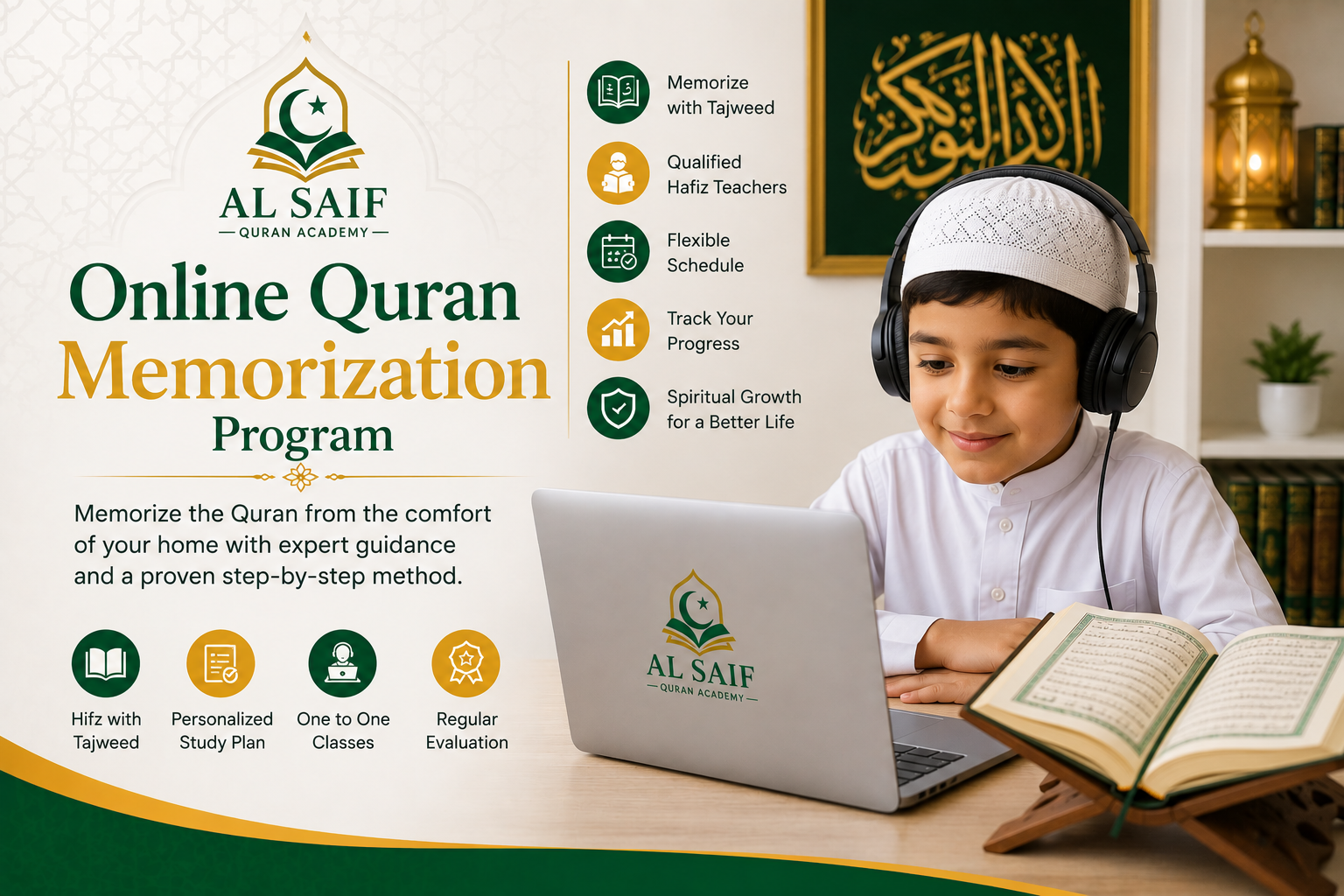 Young Muslim student attending an online Quran memorization class using a laptop and headset while studying the Quran with Tajweed guidance.