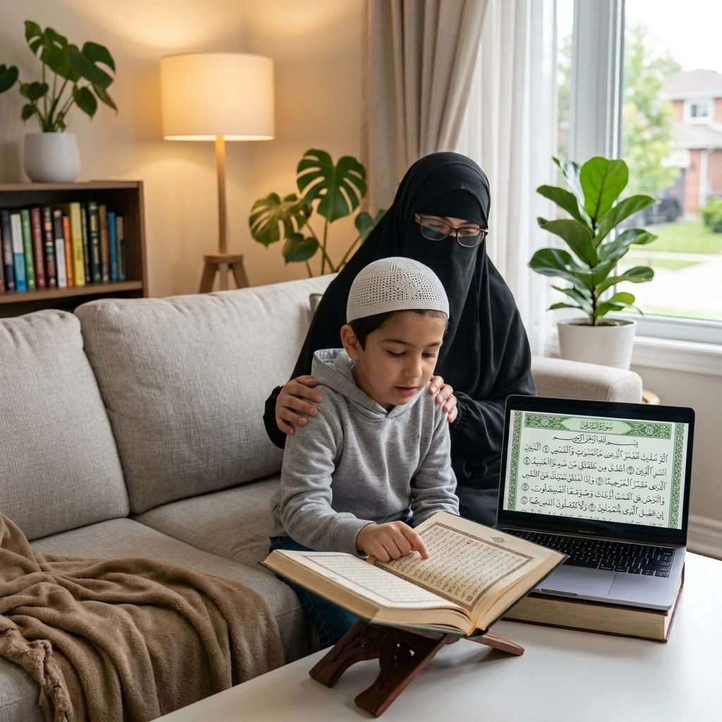 Parent supporting a child during an online Quran class at home with a qualified Quran teacher.