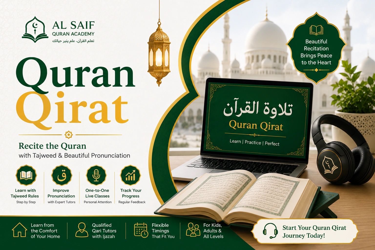 Student learning Quran Qirat online with Al Saif Quran Academy using interactive lessons, Tajweed training, Quran recitation practice, and expert Qari guidance.