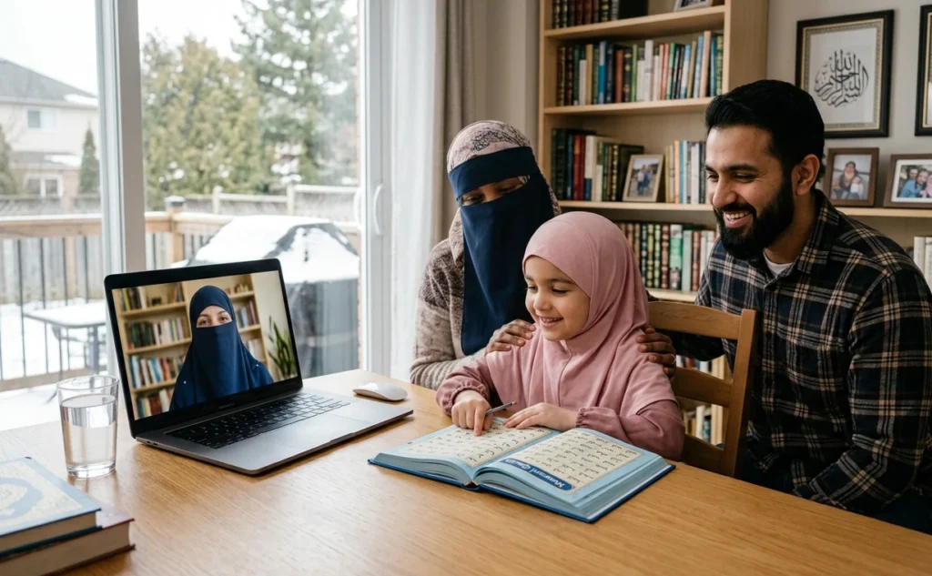 Canadian Muslim family helping their child learn the Quran during an online class with a Quran teacher at home in Toronto