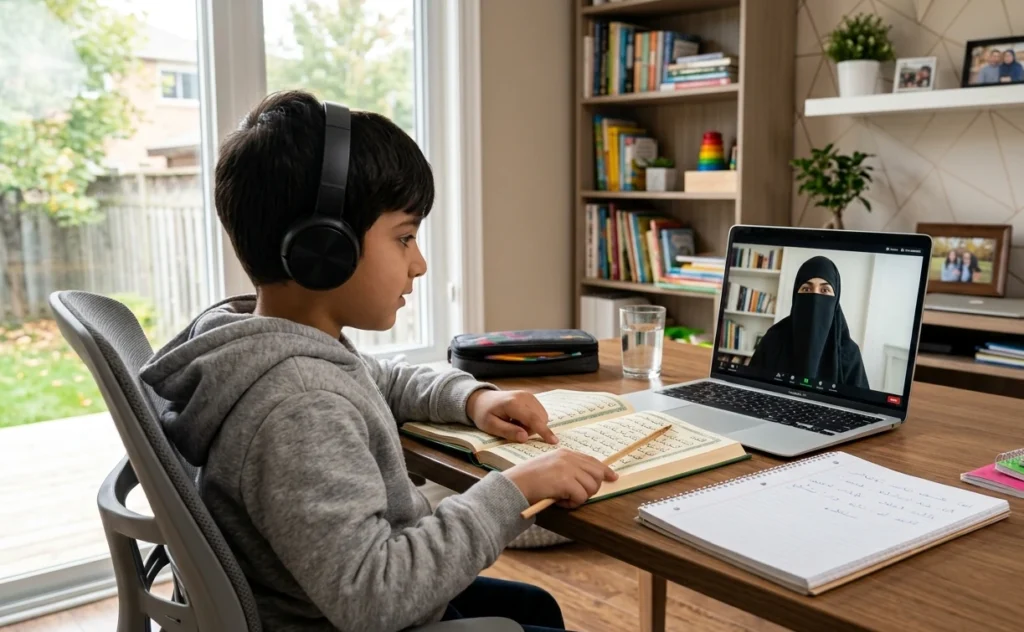 Young boy attending an online Quran lesson with a qualified Quran teacher from home in Canada