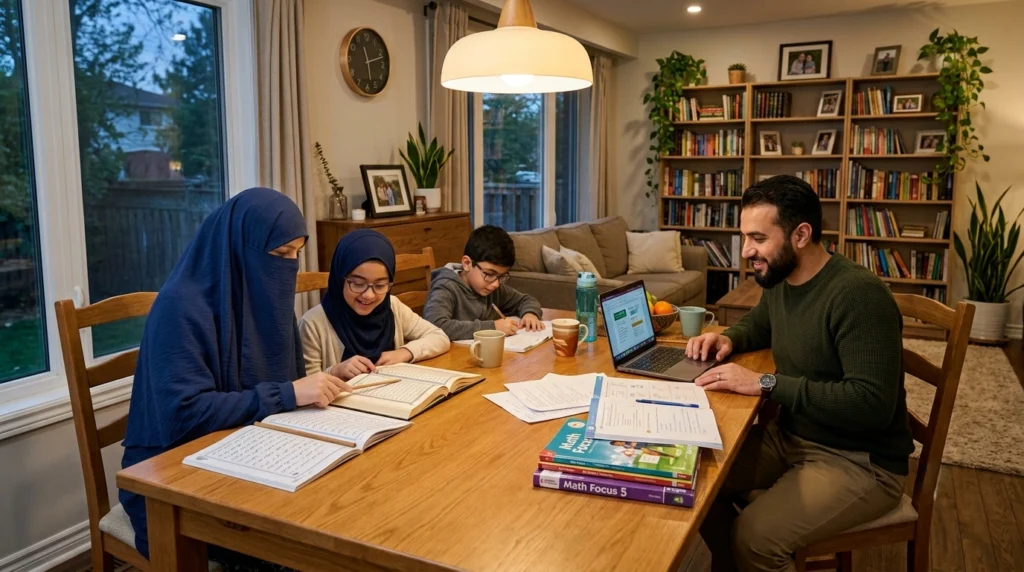 Muslim family studying the Holy Quran together at home with guidance from an online Quran teacher.