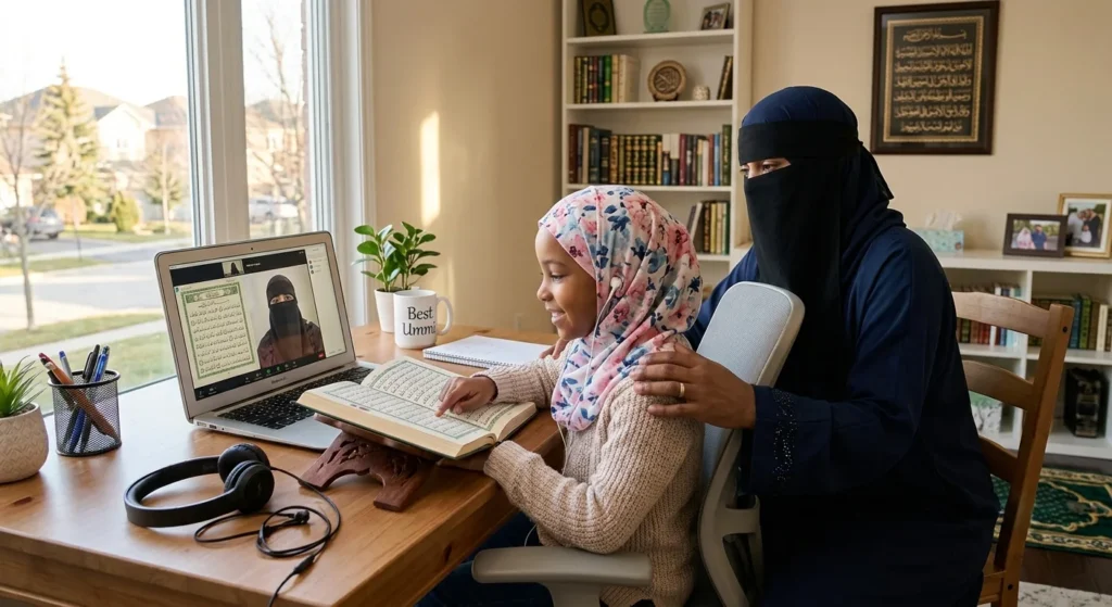 Young Muslim girl learning Quran online with support from a female Quran teacher at home