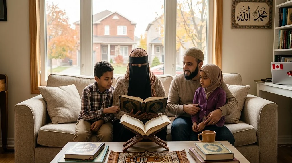 Muslim family in Canada reading Quran together at home and strengthening Islamic values