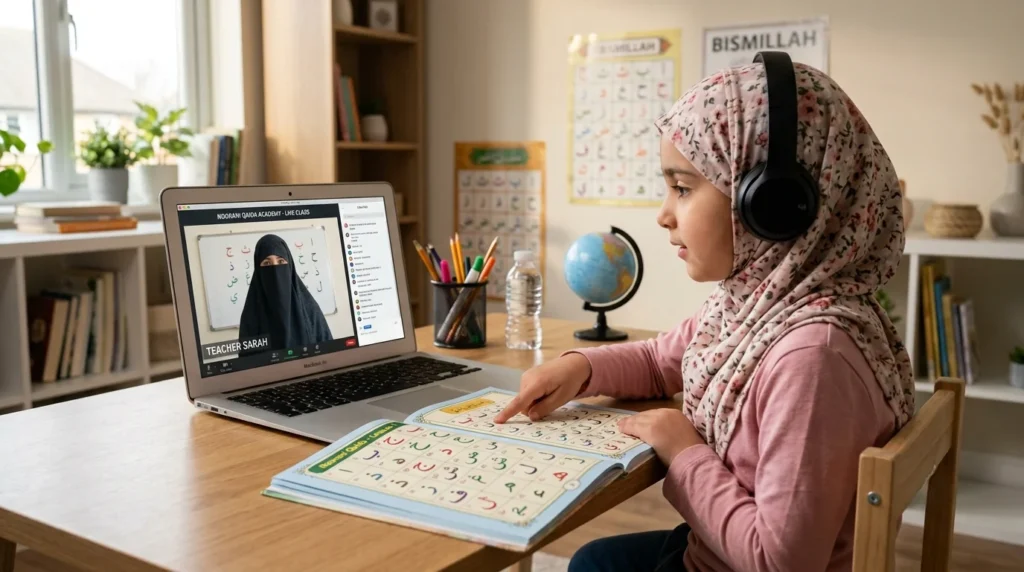 Child attending an online Noorani Qaida lesson with a Quran teacher using a laptop at home