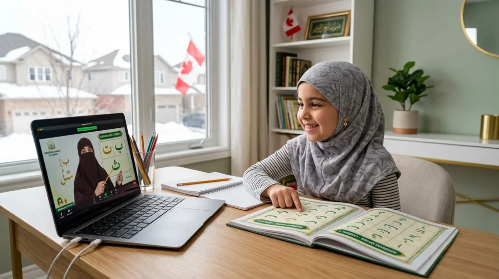 Young Muslim child learning Noorani Qaida online with a Quran teacher from home in Canada