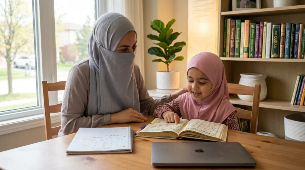 Muslim parent helping child practice Noorani Qaida reading at home