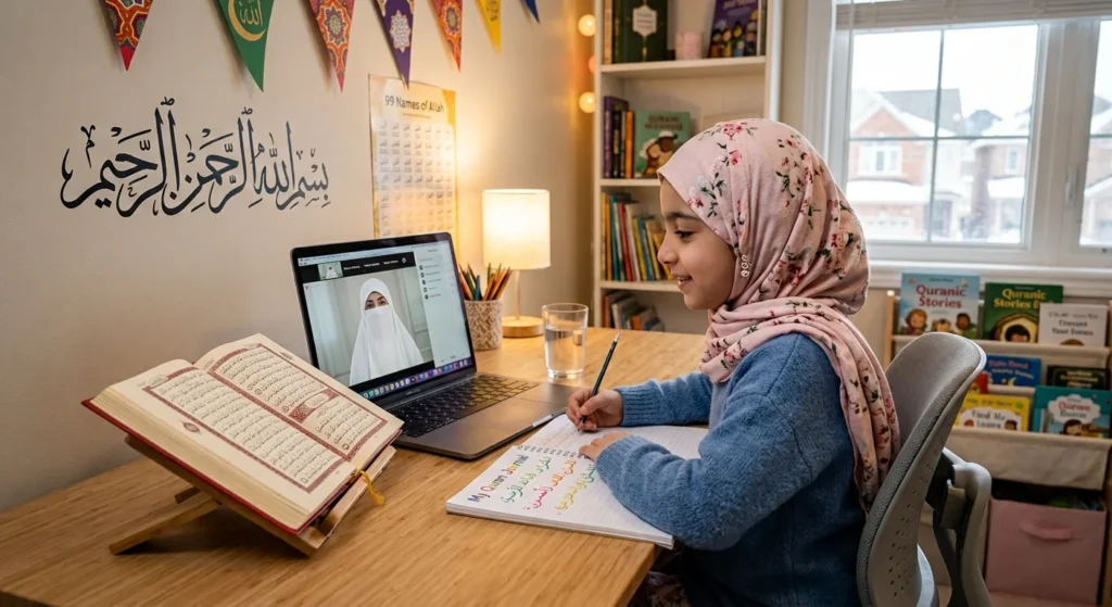 Child in Canada attending an online Quran class with a female Quran teacher
