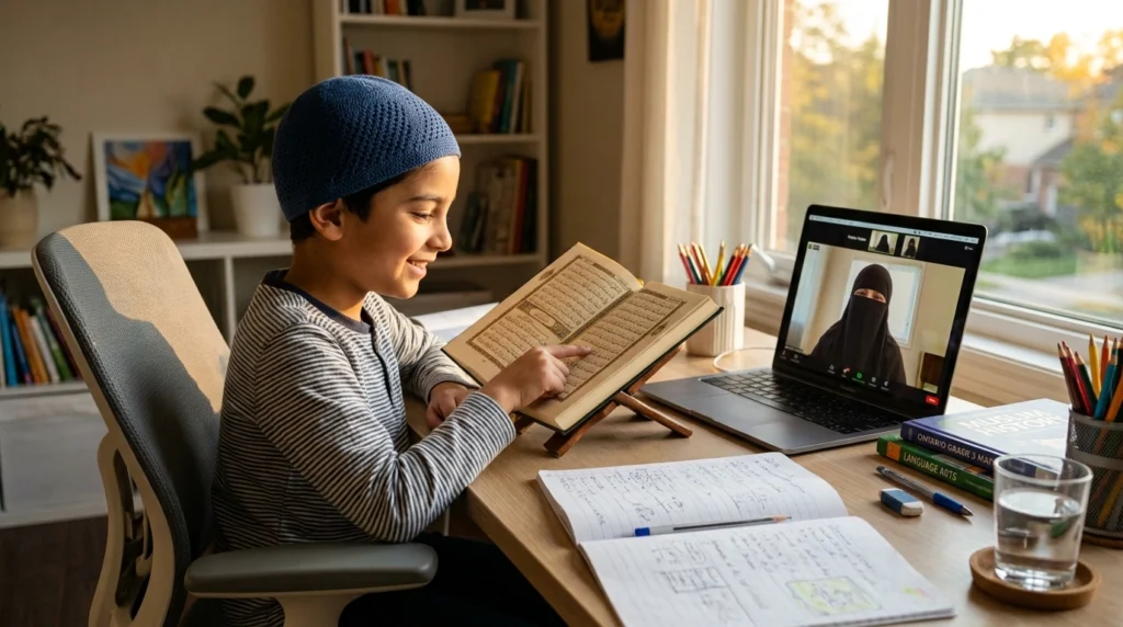 Young Muslim boy learning Quran online with a qualified female Quran teacher through a live video class.