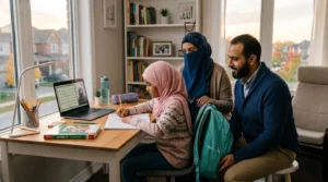 Young Muslim girl attending an online Quran class at home with her parents supporting her learning.