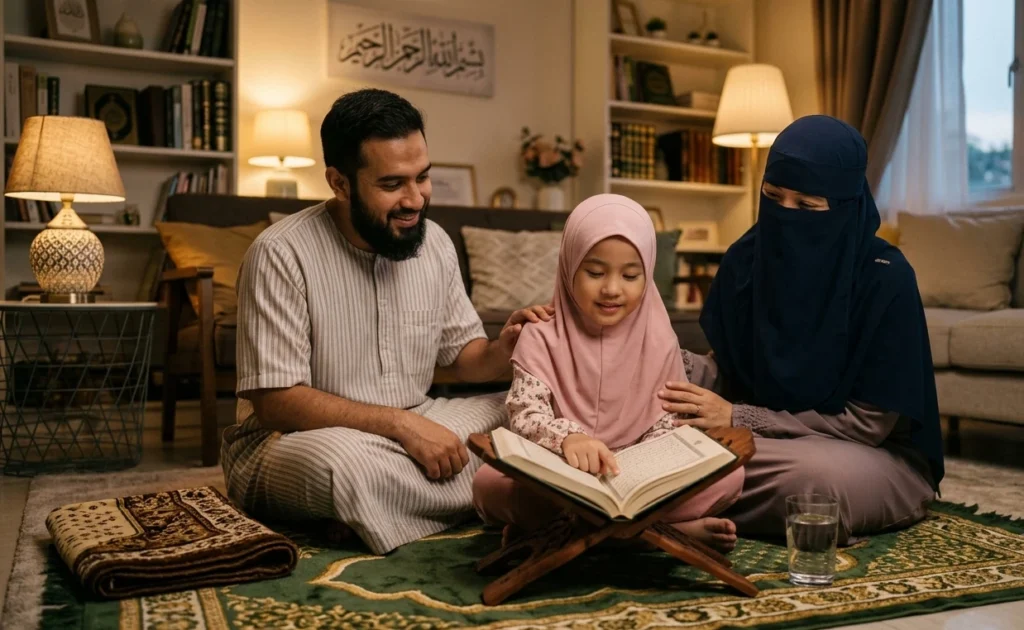 Canadian Muslim parents encouraging their daughter during Quran reading practice at home after evening prayer