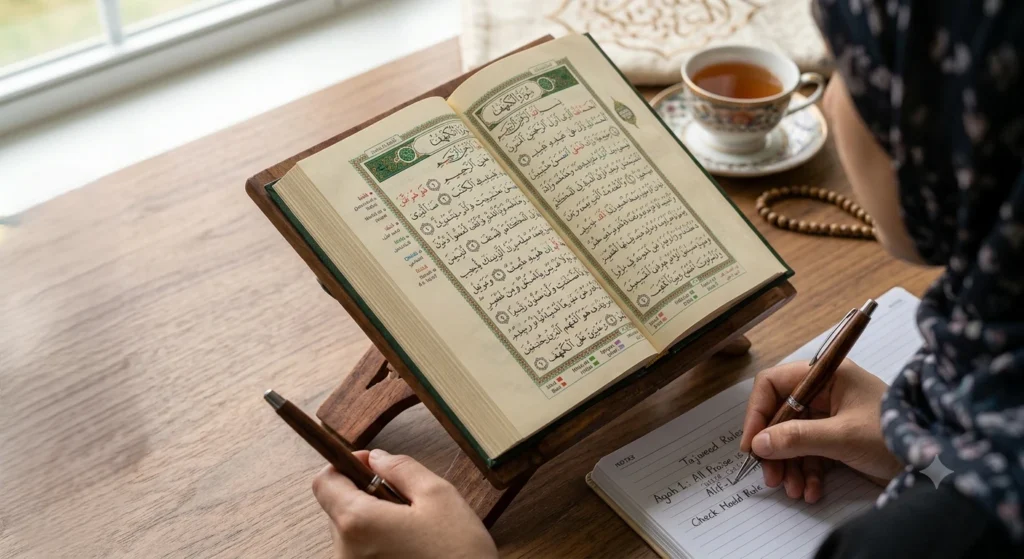 Close-up of an open Quran with Tajweed rules being studied during a beginner Quran lesson.