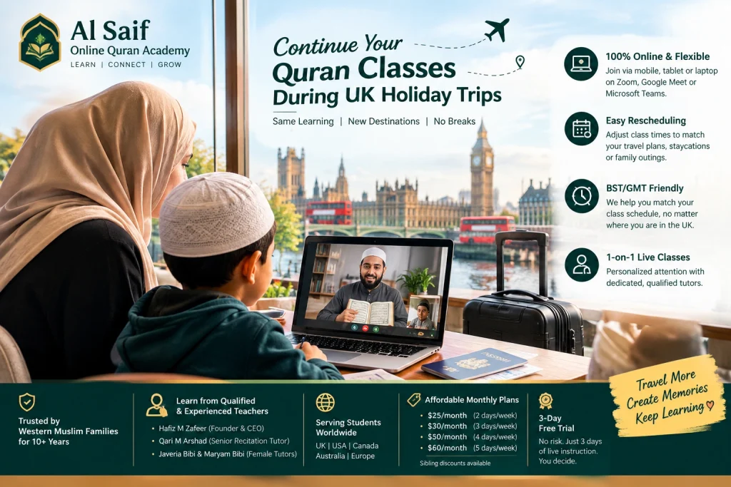 Muslim child attending a live online Quran class during a UK family holiday.