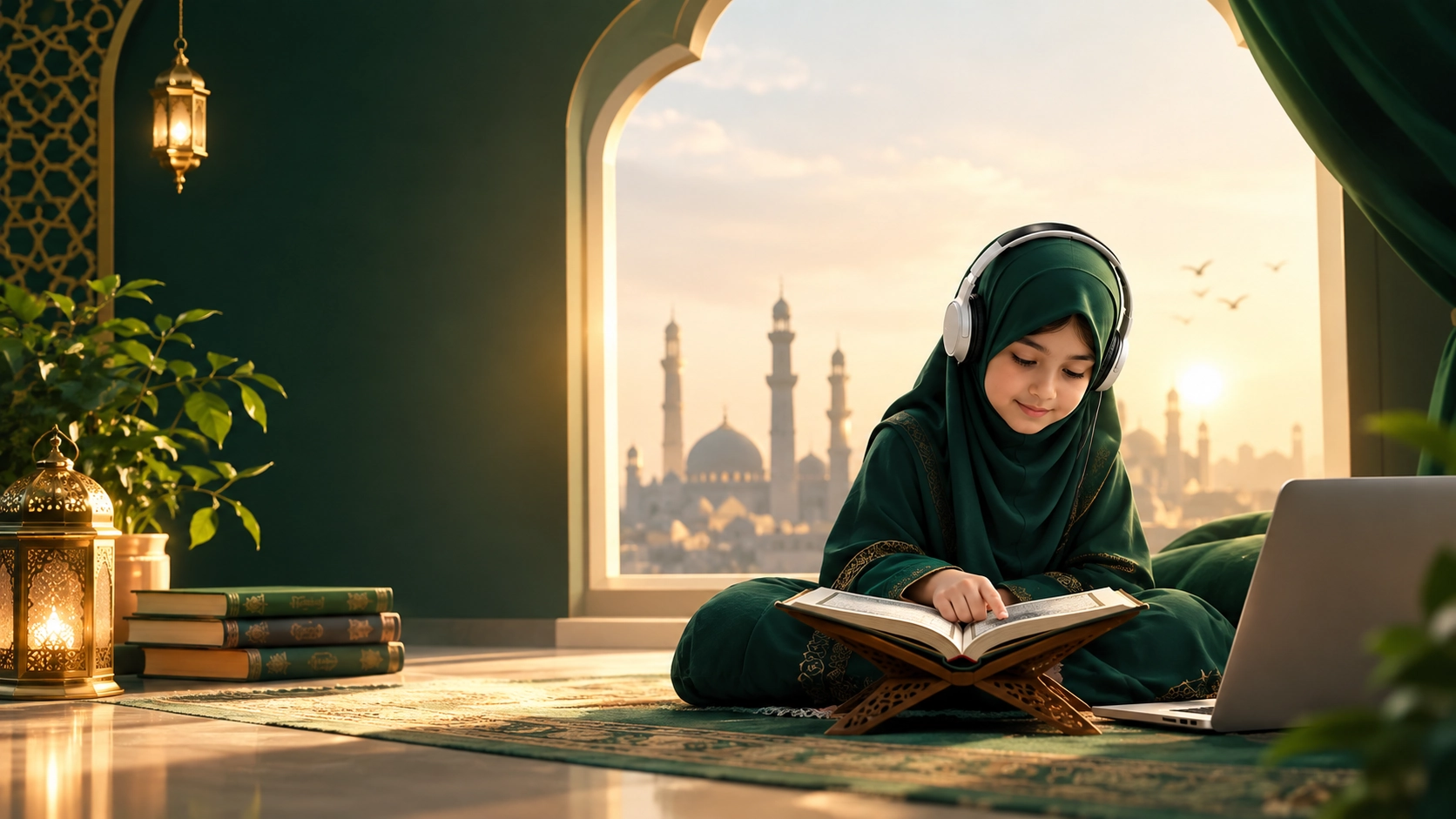 Student learning Quran online