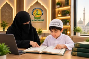 A female Quran teacher in a niqab guiding a young boy as he recites from an open Quran.