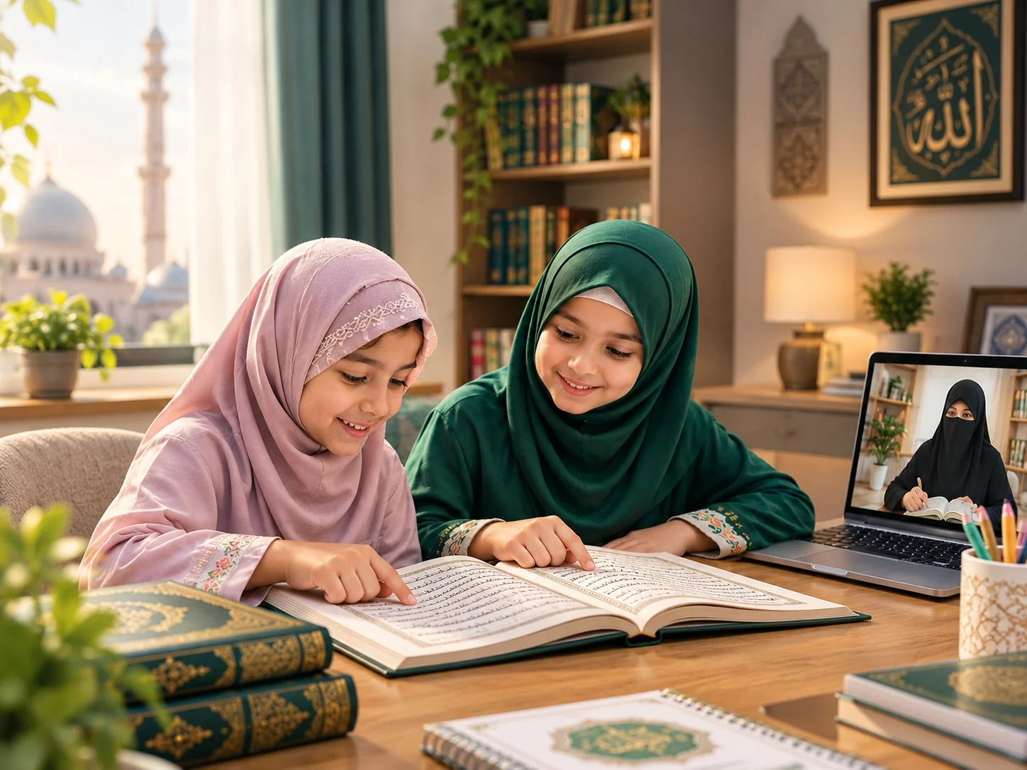 Young students learning Quran reading online