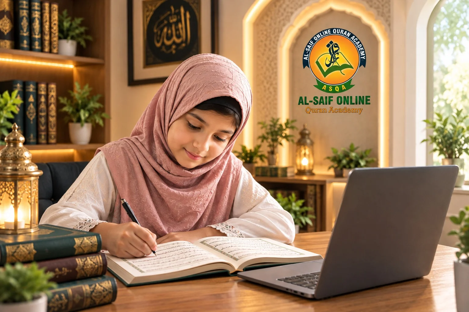 Student studying Quran online during a Quran learning course